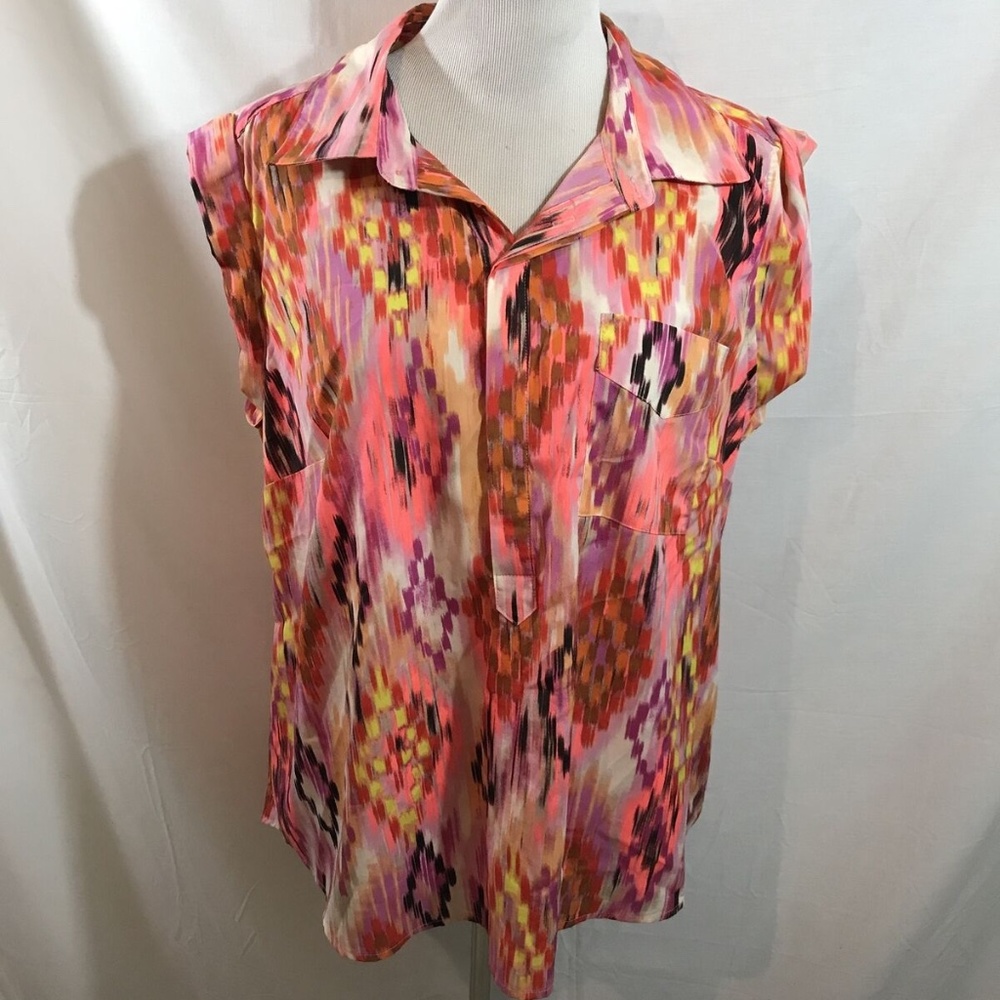 LYS bright multi color 1/4 button up short sleeve blouse - womens 1X, bust 23.5”